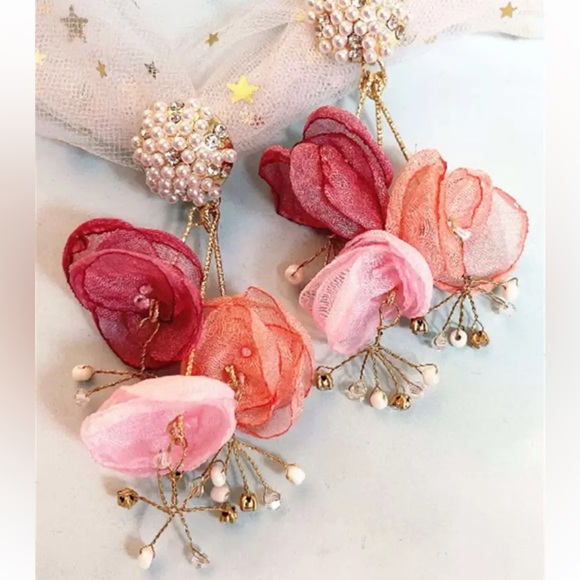 Anthro Floral Statement Earrings with Pearls - Picture 2 of 4